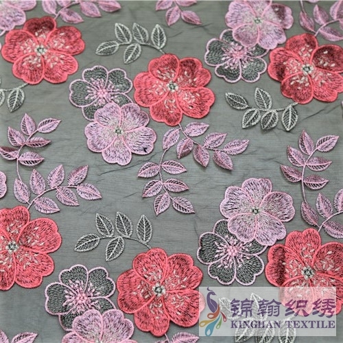 KHME1010G Red Pink Gold Plum Flower Flat Mesh Embroidery