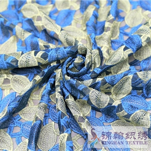 KHME1009G Gold Blue Leaves Flat Mesh Embroidery