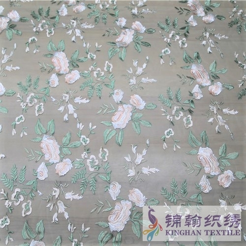 KHME1007 Pink Green White Flower Flat Mesh Embroidery