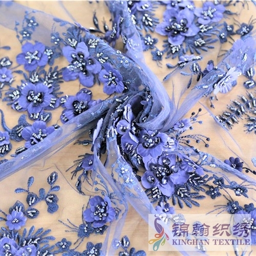 KHME5001 Navy Heavy Hand Tube Beaded 3D Flower Embroidered on Mesh Fabric