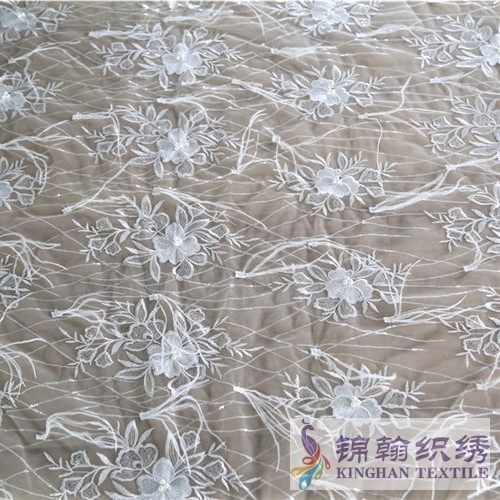 KHME6003 White Feather Beaded 3D Flower Embroidered on Mesh Fabric
