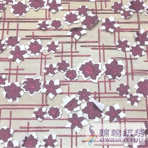 KHME5009 Red 3D Flower Embroidered on Mesh Fabric