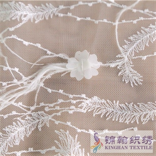 KHME6002 White Feather Fringe 3D Flower Embroidered on Mesh Fabric