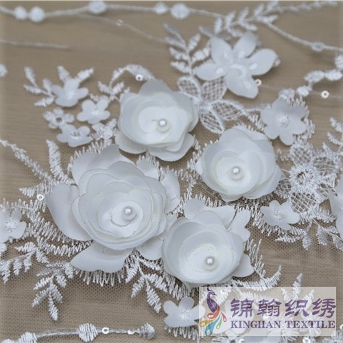KHME5010 White 3D Flower Beaded Embroidered on Mesh Fabric