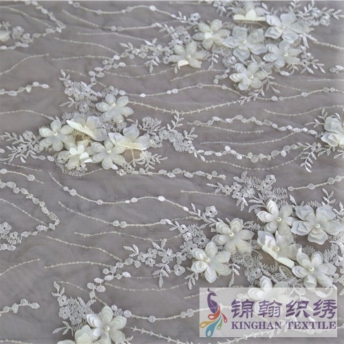 KHME5003 Yellow Beaded 3D Flower Embroidered on Mesh Fabric