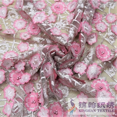 KHME5011 Pink 3D Flower Beaded Embroidered on Mesh Fabric