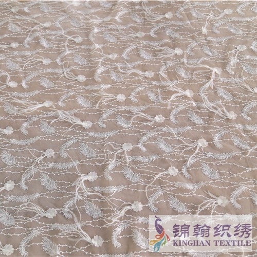 KHME6002 White Feather Fringe 3D Flower Embroidered on Mesh Fabric