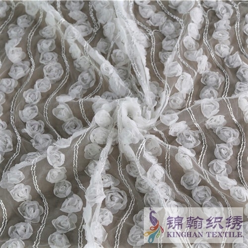 KHME5005 White 3D Flower Wave Embroidered on Mesh Fabric