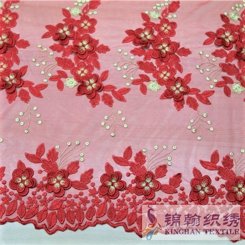 KHME5007 Red Gold 3D Flower Embroidered on Mesh Fabric