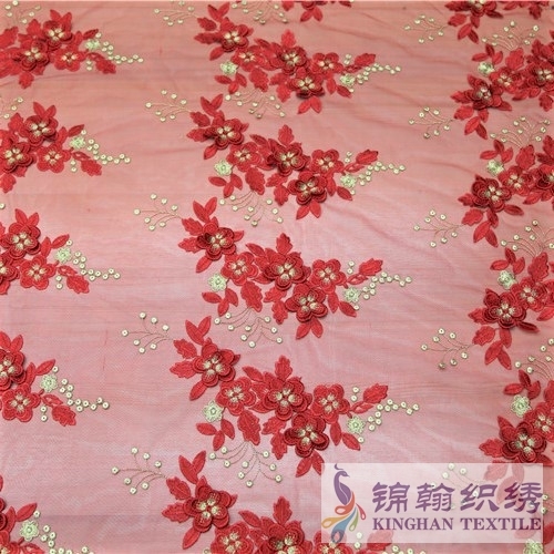 KHME5007 Red Gold 3D Flower Embroidered on Mesh Fabric