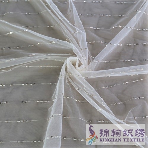 KHSF4005 3mm Tube Beaded Linear Embroidered on Mesh Fabric