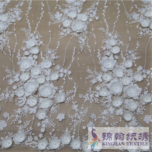 KHME5010 White 3D Flower Beaded Embroidered on Mesh Fabric