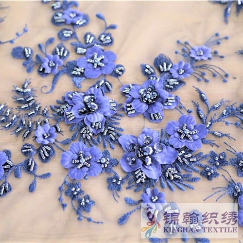 KHME5001 Navy Heavy Hand Tube Beaded 3D Flower Embroidered on Mesh Fabric