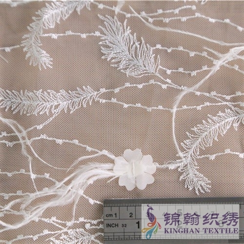 KHME6002 White Feather Fringe 3D Flower Embroidered on Mesh Fabric