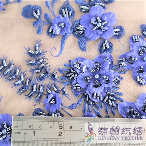 KHME5001 Navy Heavy Hand Tube Beaded 3D Flower Embroidered on Mesh Fabric