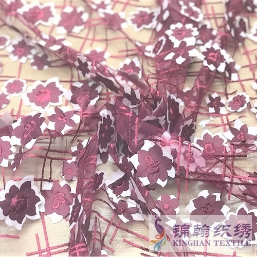 KHME5009 Red 3D Flower Embroidered on Mesh Fabric