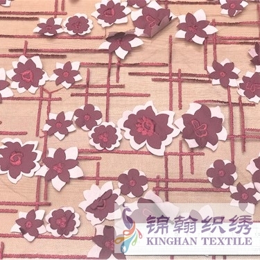 KHME5009 Red 3D Flower Embroidered on Mesh Fabric