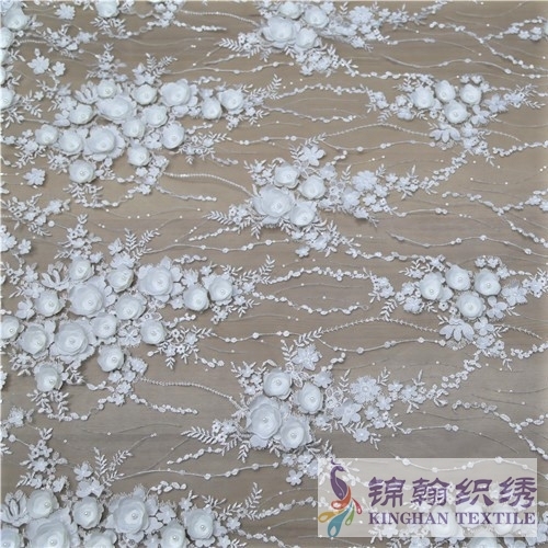 KHME5010 White 3D Flower Beaded Embroidered on Mesh Fabric