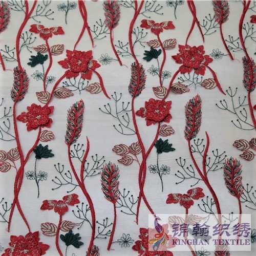 KHME5008 Red Green Wheat Shape 3D Flower Embroidered on Mesh Fabric