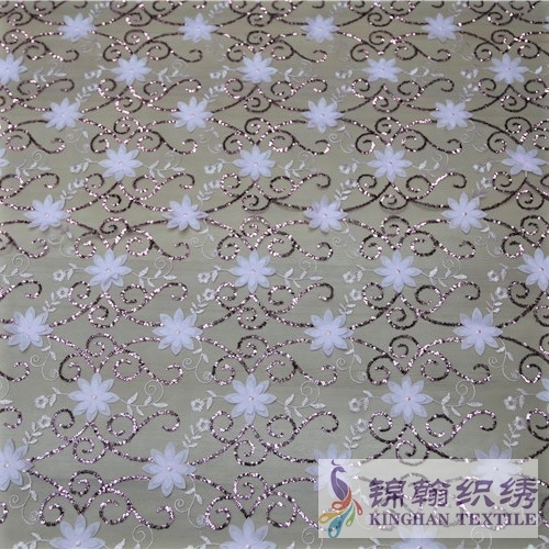 KHSF5005 White 3D Flower 5mm Rose Sequins Beaded Embroidered on Mesh Fabric