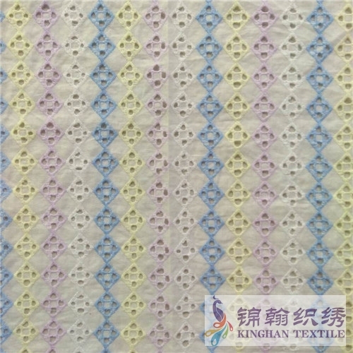 KHCE1015 Pink Yellow Blue Tricolor Cotton Eyelet Embroidered Fabric
