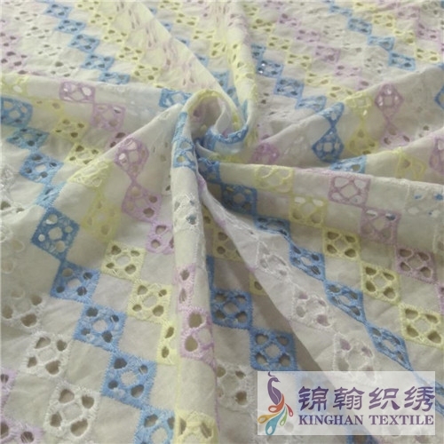 KHCE1015 Pink Yellow Blue Tricolor Cotton Eyelet Embroidered Fabric