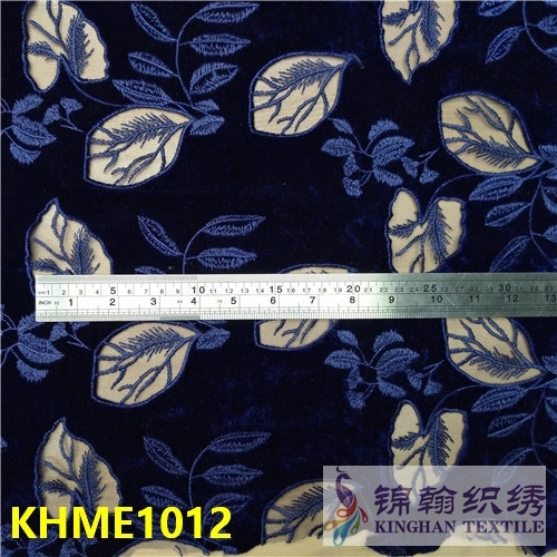 KHME1012 Velet Blue leaves Flat Mesh Embroidery