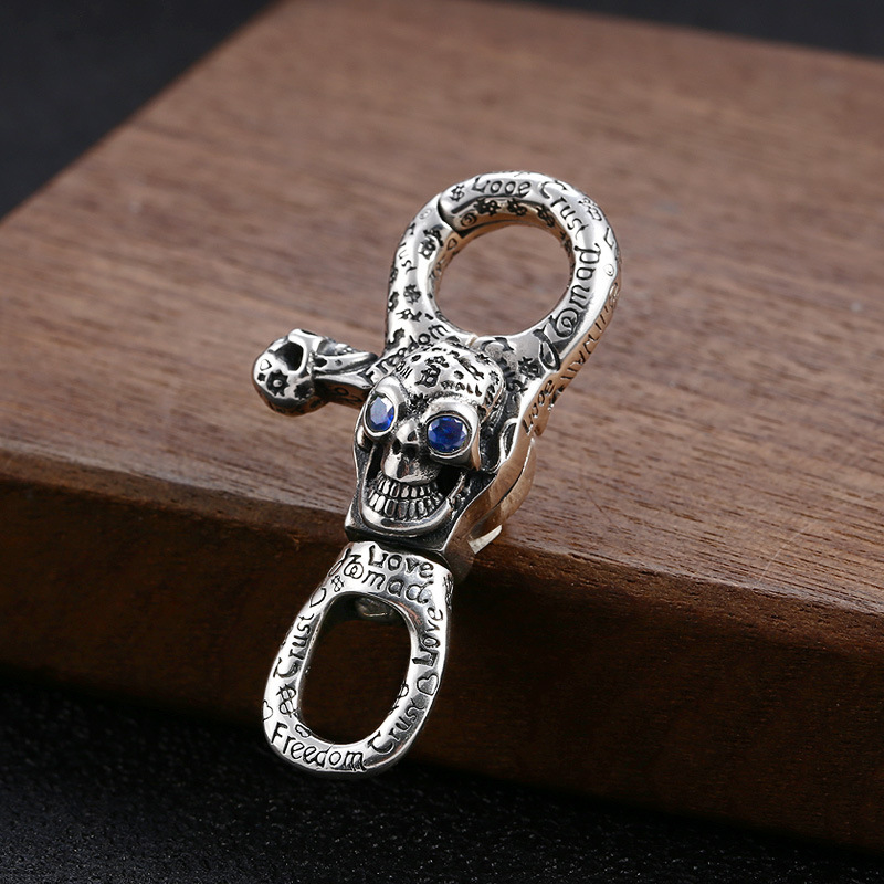 925 Sterling Silver Handmade Skull Skeleton Graffiti Keychain Keyrings Punk Gothic Vintage Luxury Jewelry Accessories Gifts