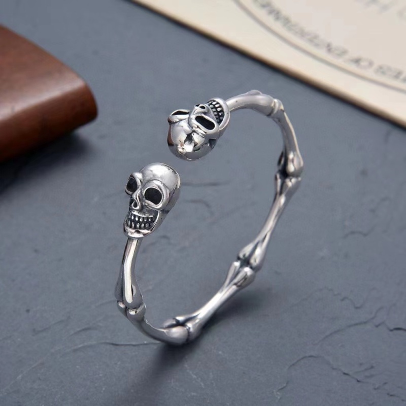 925 Sterling Silver Skull Skeleton Bangle Bracelets Antique Gothic Punk Jewelry Accessories