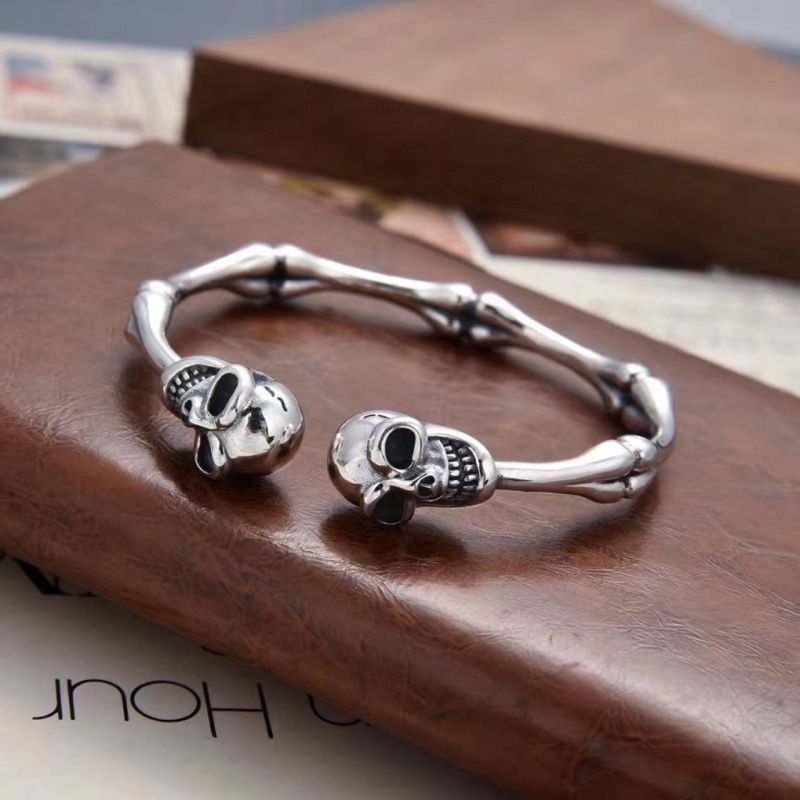 925 Sterling Silver Skull Skeleton Bangle Bracelets Antique Gothic Punk Jewelry Accessories