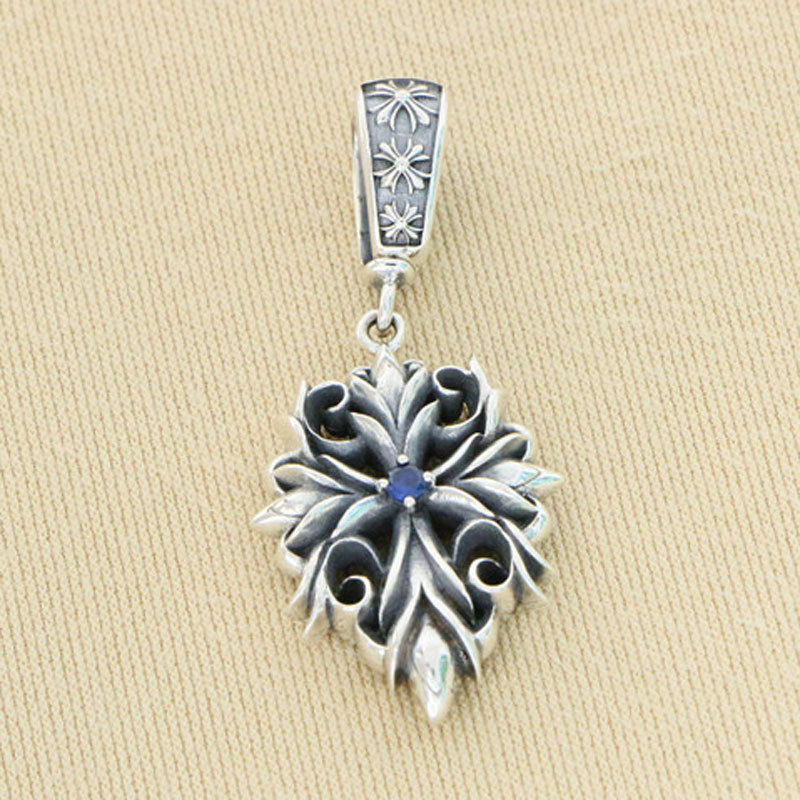 Floral Cross Pendant With Blue Stone 925 Sterling Silver Jewelry