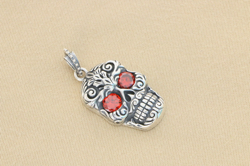 Skull Pendant With Red Stones 925 Sterling Silver Jewelry