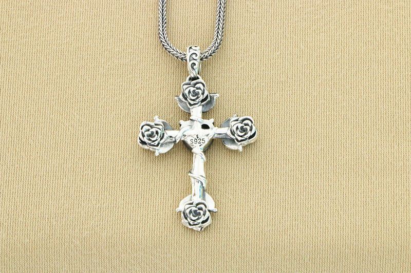 Rose Flowers Cross Pendant 925 Sterling Silver Jewelry