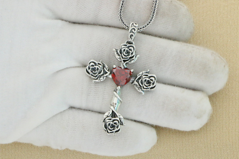 Rose Flowers Cross Pendant 925 Sterling Silver Jewelry