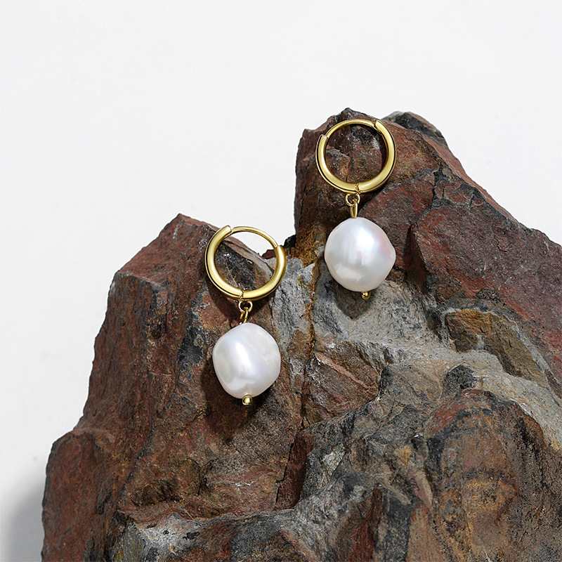 Irregular Pearl Dangle Huggie Earrings 925 Sterling Silver Jewelry
