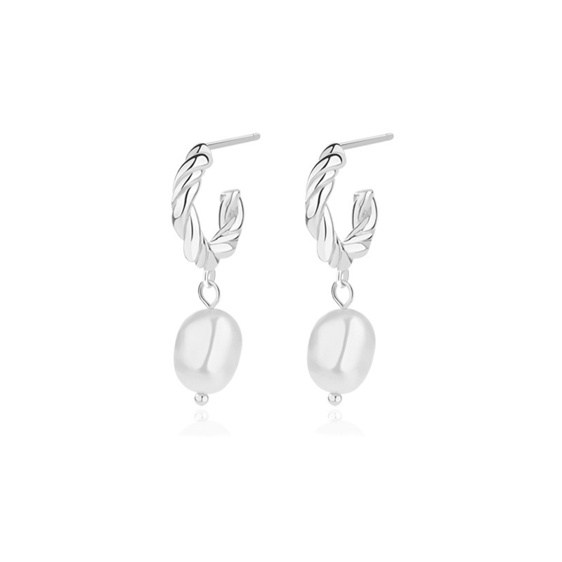 Twisted Texture Hoop Earring With Pearls 925 Sterling Silver Jewelry