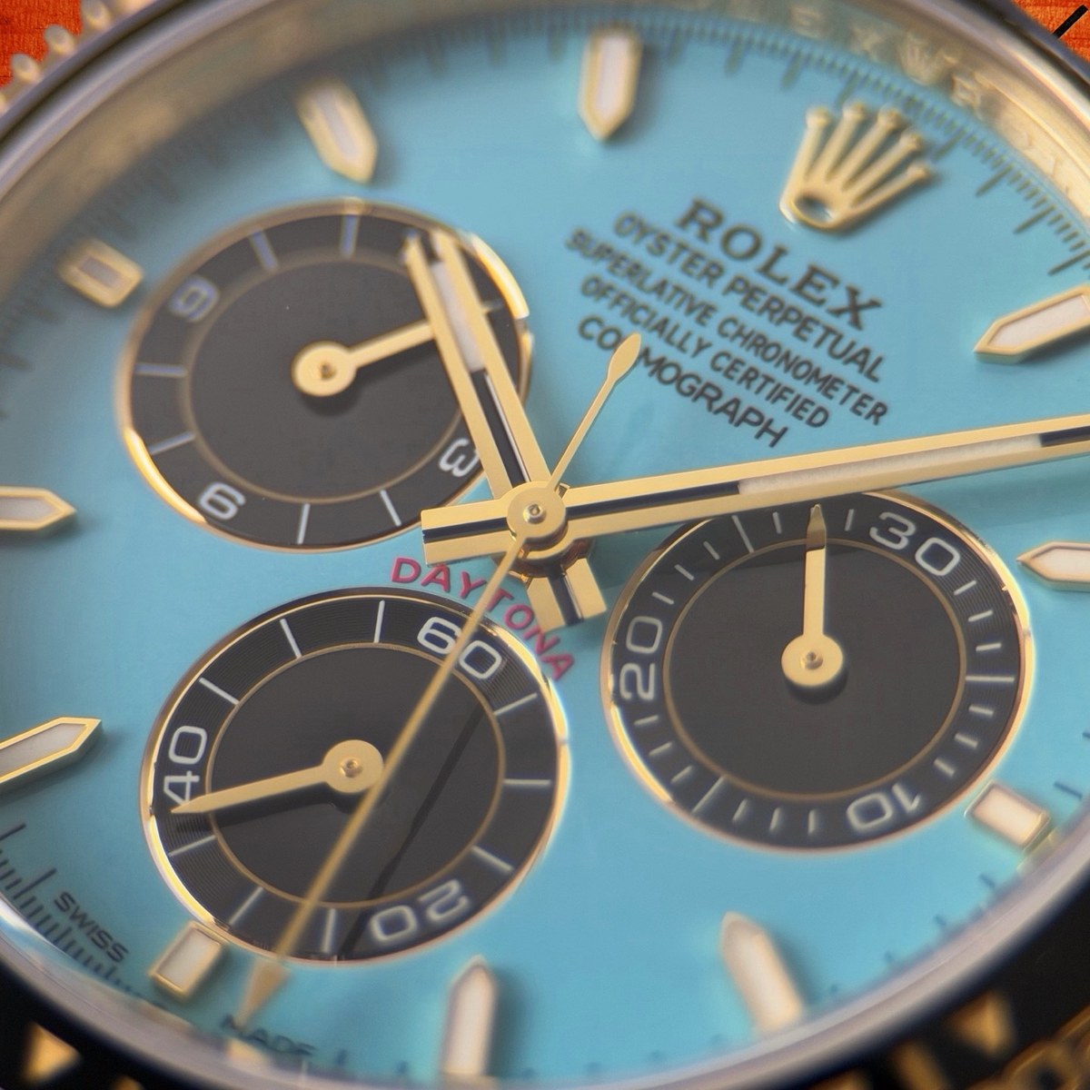 高仿勞力士 CBD廠 配重 Cosmograph Daytona 116508 黃金黑圈 蒂芙尼藍盤 黑色monobloc計時盤 4131機芯 復刻腕錶 實拍 4