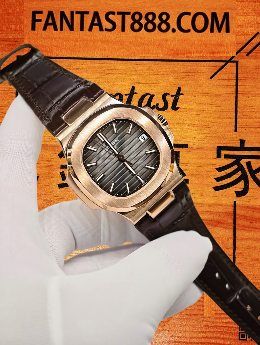 客定改裝 Patek Philippe 百達翡麗 Nautilus 5711 18K厚金包裹 玫瑰金 灰面橫紋 鱷魚皮錶帶 復刻腕錶 實拍 2