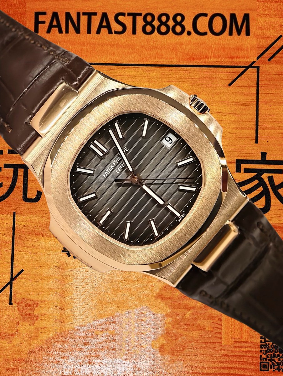 客定改裝 Patek Philippe 百達翡麗 Nautilus 5711 18K厚金包裹 玫瑰金 灰面橫紋 鱷魚皮錶帶 復刻腕錶 實拍 3