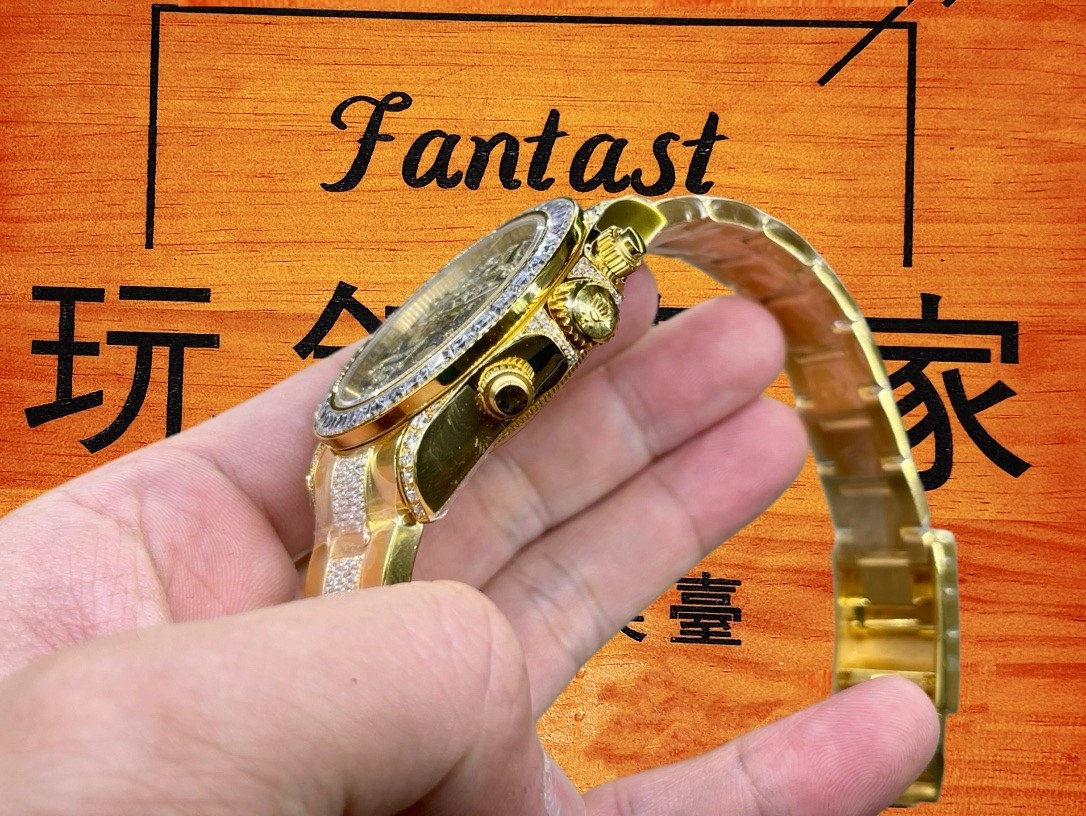 客定改裝 勞力士 Cosmograph Daytona 滿鑲莫桑鑽 18K厚金包裹 黃金 熊貓面 4130機芯 復刻腕錶 實拍 7