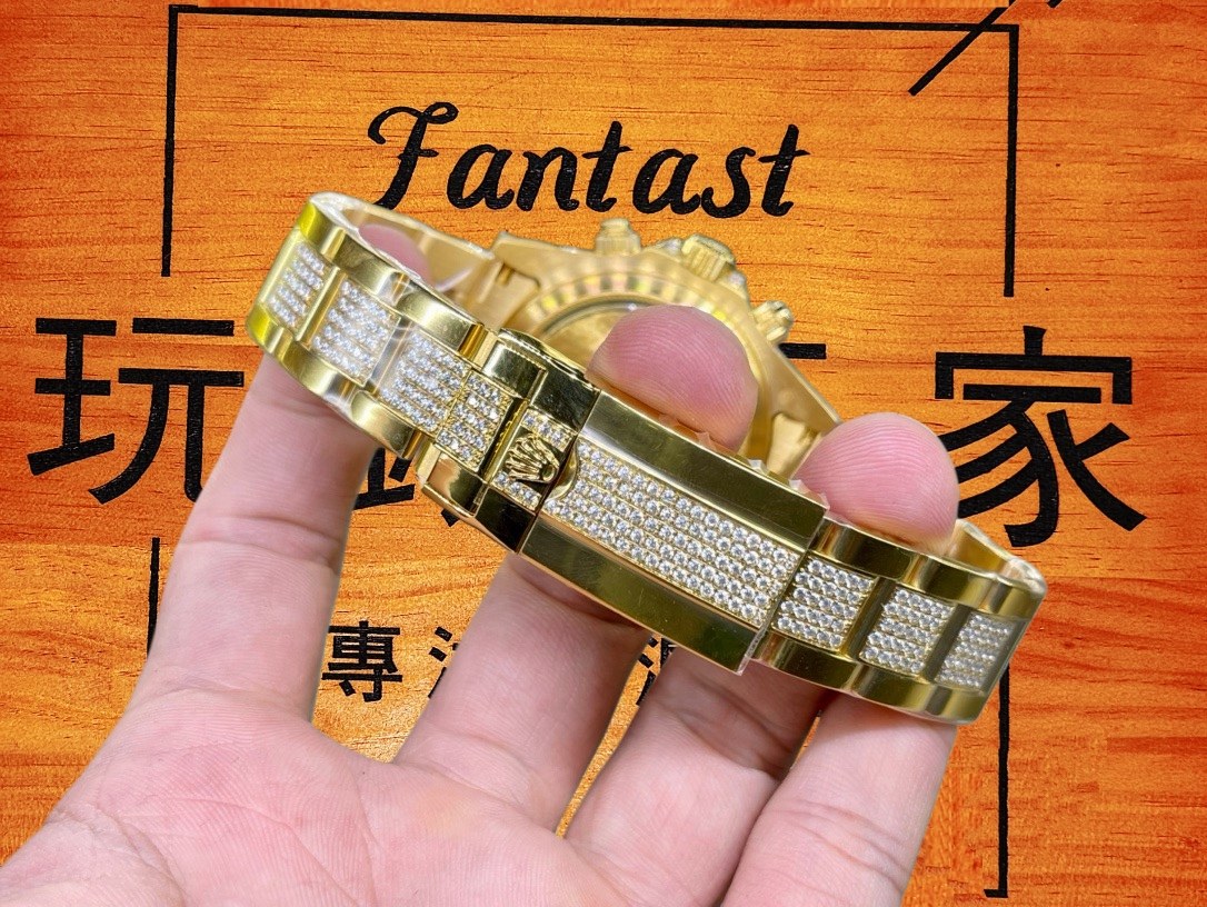 客定改裝 勞力士 Cosmograph Daytona 滿鑲莫桑鑽 18K厚金包裹 黃金 熊貓面 4130機芯 復刻腕錶 實拍 9