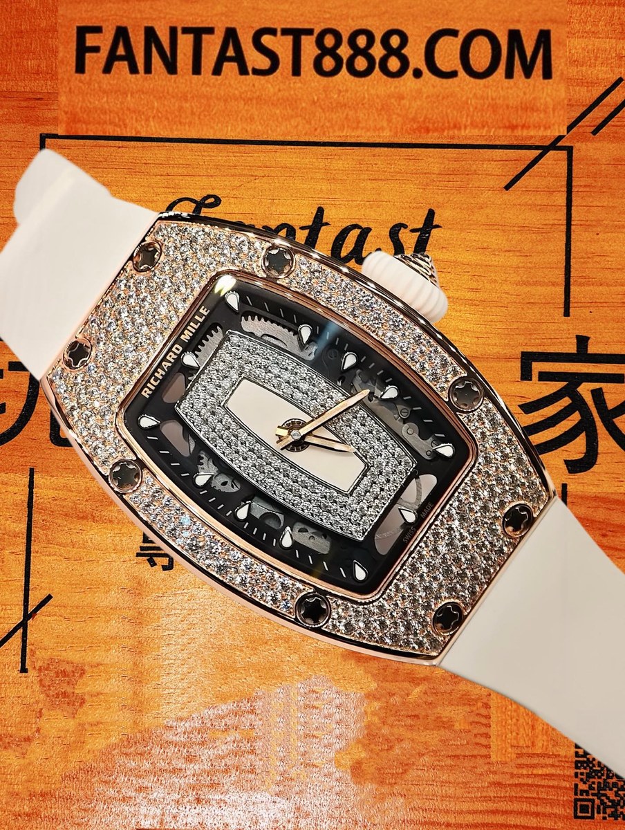 客定改裝 Richard Mille 理查米爾 RM 07-01 雪花❄️鑲嵌 VVS D級莫桑鑽 18K玫瑰金包裹 白橡膠錶帶 復刻腕錶 實拍 2