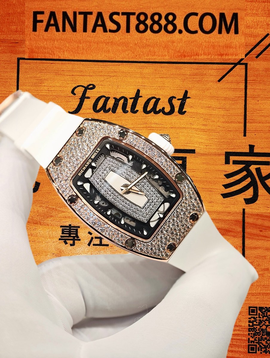 客定改裝 Richard Mille 理查米爾 RM 07-01 雪花❄️鑲嵌 VVS D級莫桑鑽 18K玫瑰金包裹 白橡膠錶帶 復刻腕錶 實拍 3