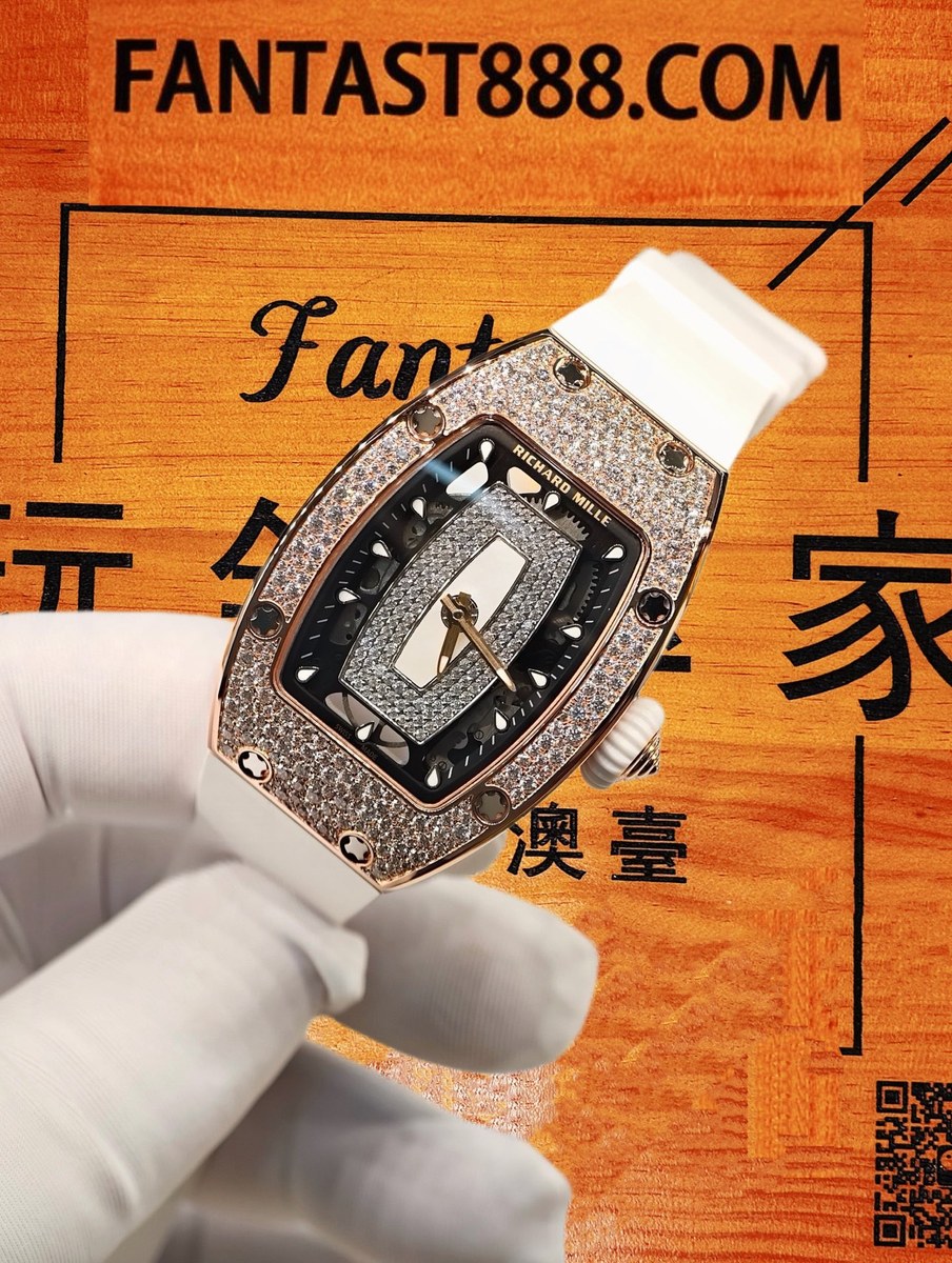 客定改裝 Richard Mille 理查米爾 RM 07-01 雪花❄️鑲嵌 VVS D級莫桑鑽 18K玫瑰金包裹 白橡膠錶帶 復刻腕錶 實拍 4