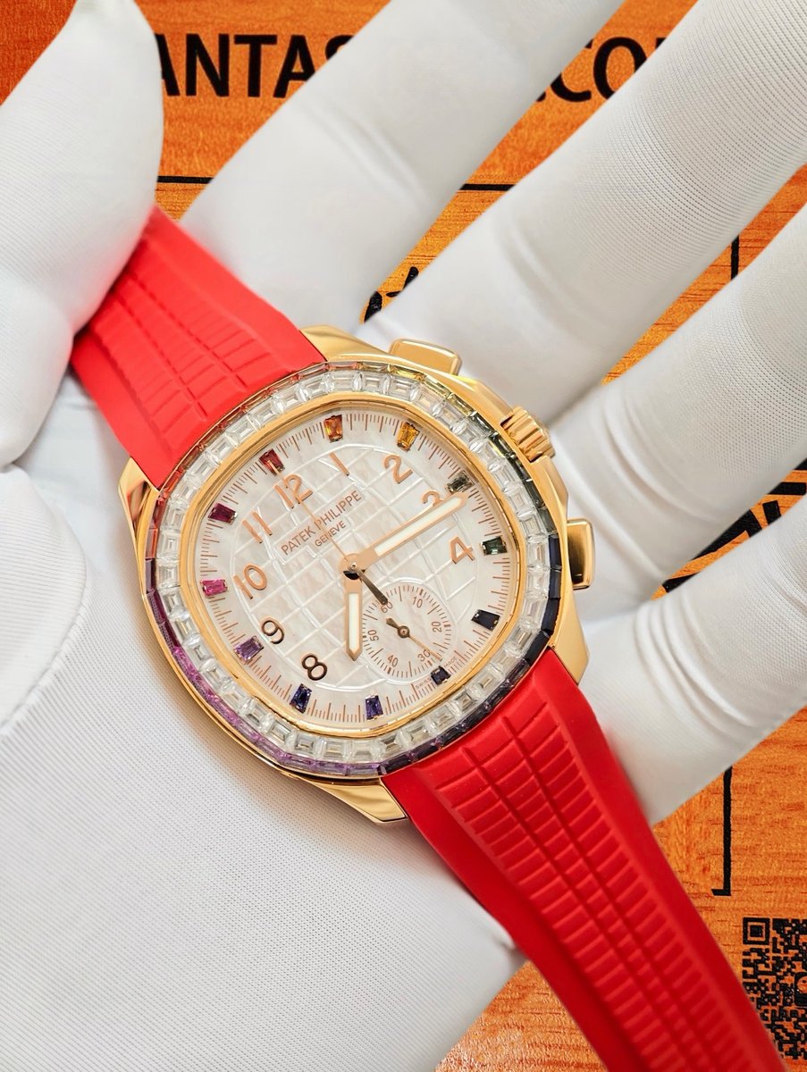 客定改裝 Patek Philippe 百達翡麗 Aquanaut 40mm 18K包厚金 圈口彩色T方寶石+莫桑鑽 白色貝殼壓制面 多功能計時一體機 配送紅+橙膠帶 復刻腕錶 實拍 3