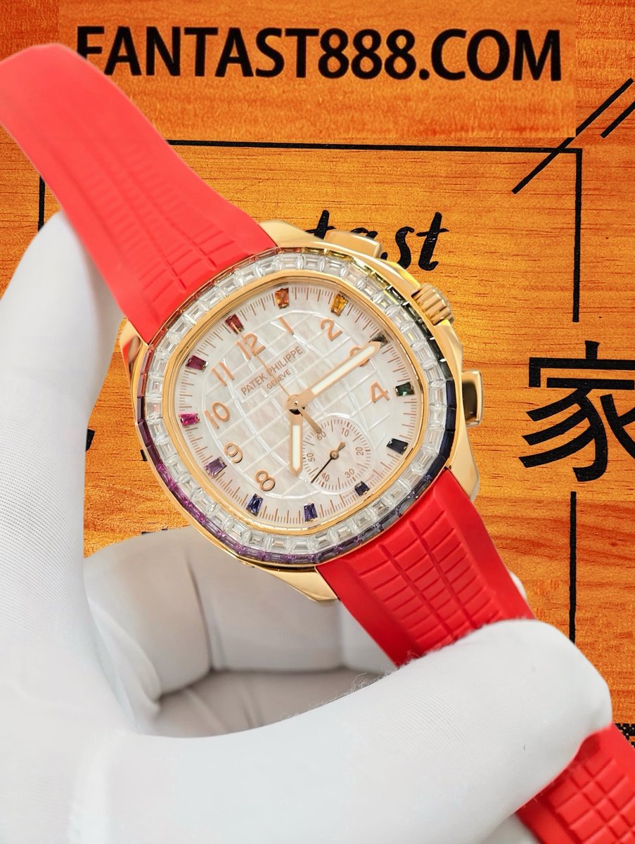 客定改裝 Patek Philippe 百達翡麗 Aquanaut 40mm 18K包厚金 圈口彩色T方寶石+莫桑鑽 白色貝殼壓制面 多功能計時一體機 配送紅+橙膠帶 復刻腕錶 實拍 4