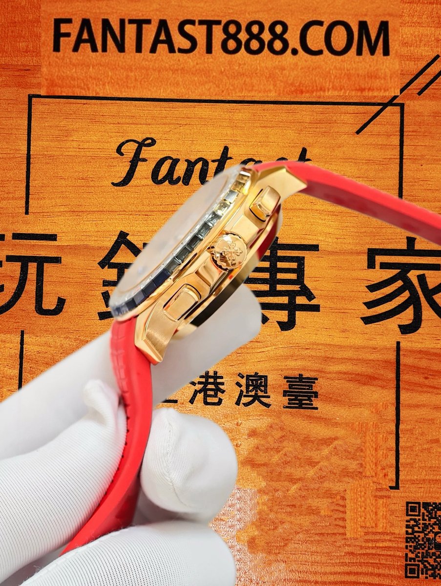 客定改裝 Patek Philippe 百達翡麗 Aquanaut 40mm 18K包厚金 圈口彩色T方寶石+莫桑鑽 白色貝殼壓制面 多功能計時一體機 配送紅+橙膠帶 復刻腕錶 實拍 6
