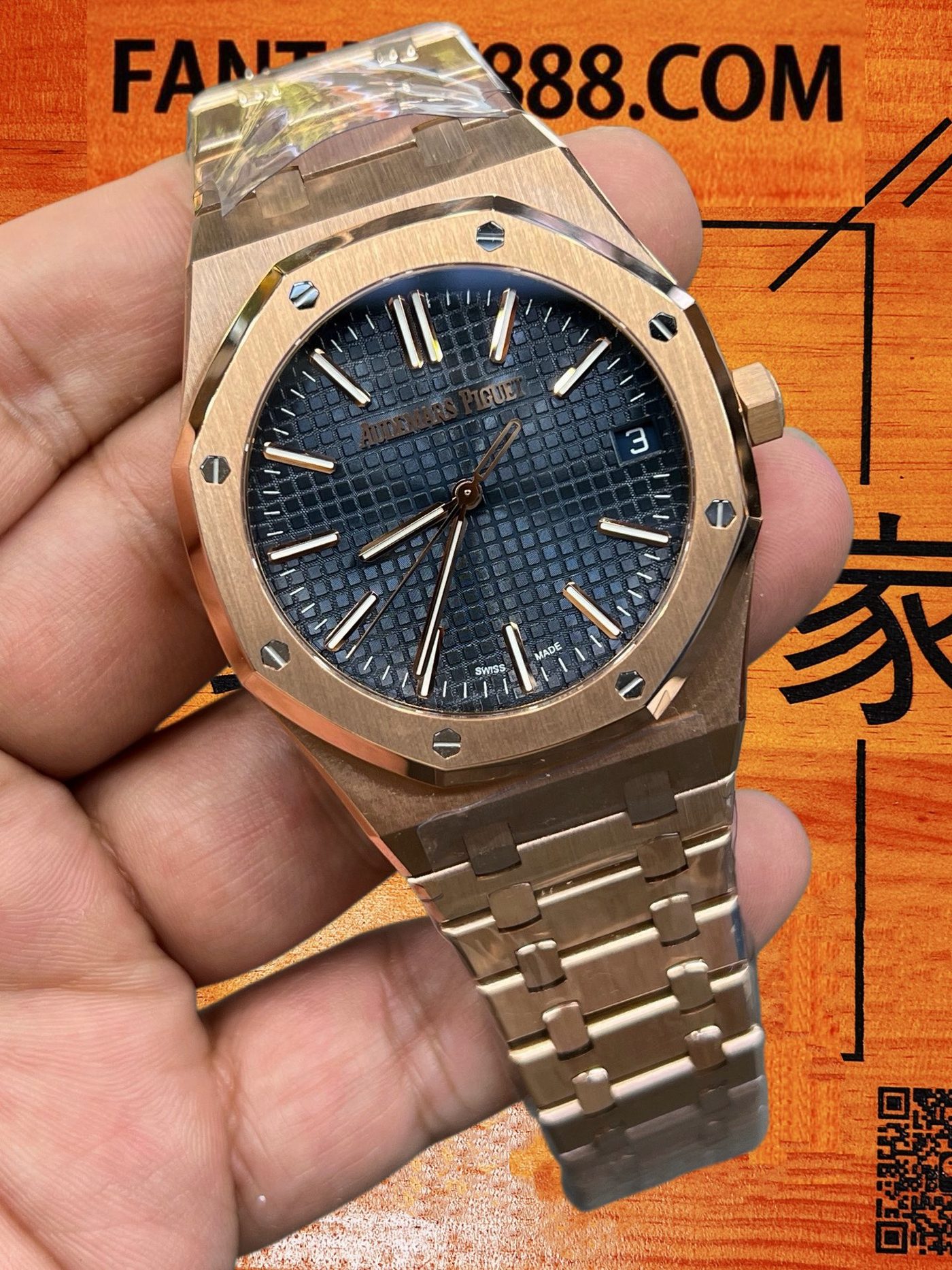 高仿愛彼-皇家橡樹15510OR-玫瑰金藍盤41mm-4302機芯配重235G-DDF廠復刻腕錶 實拍 5