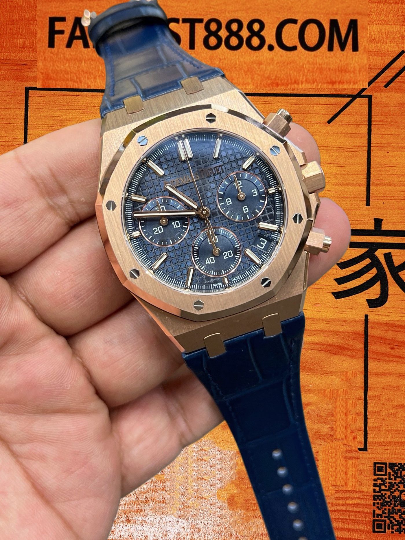 高仿愛彼-皇家橡樹26240OR-玫瑰金藍盤皮帶41mm-4401飛返計時-DDF廠復刻腕錶 實拍 2