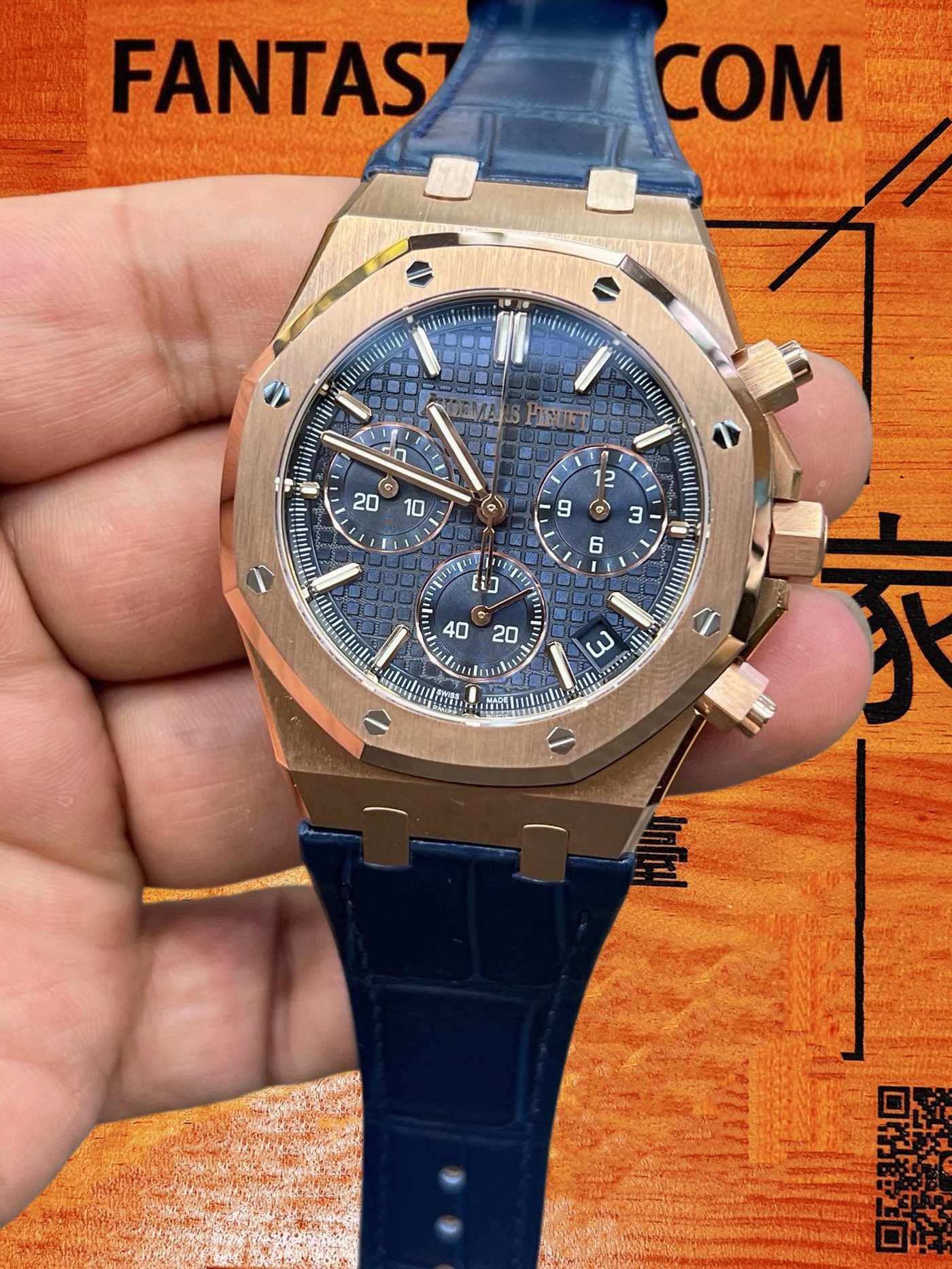 高仿愛彼-皇家橡樹26240OR-玫瑰金藍盤皮帶41mm-4401飛返計時-DDF廠復刻腕錶 實拍 4